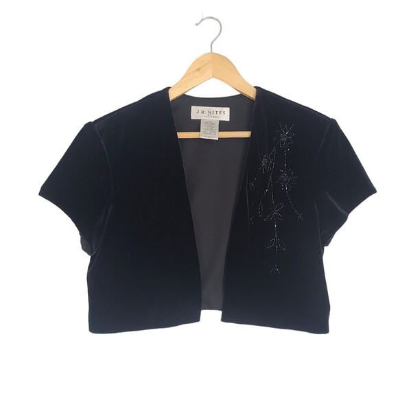 VTG J R Nites Velvet Cropped Jacket Sz 12 Black Short Sleeve Beaded Formal - Picture 1 of 8
